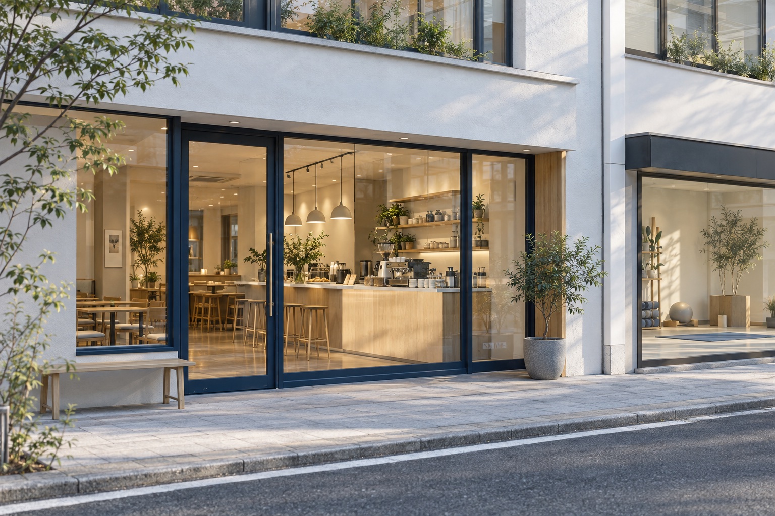 朝の光が差し込むカフェとスタジオの店舗外観(AI生成イメージ)